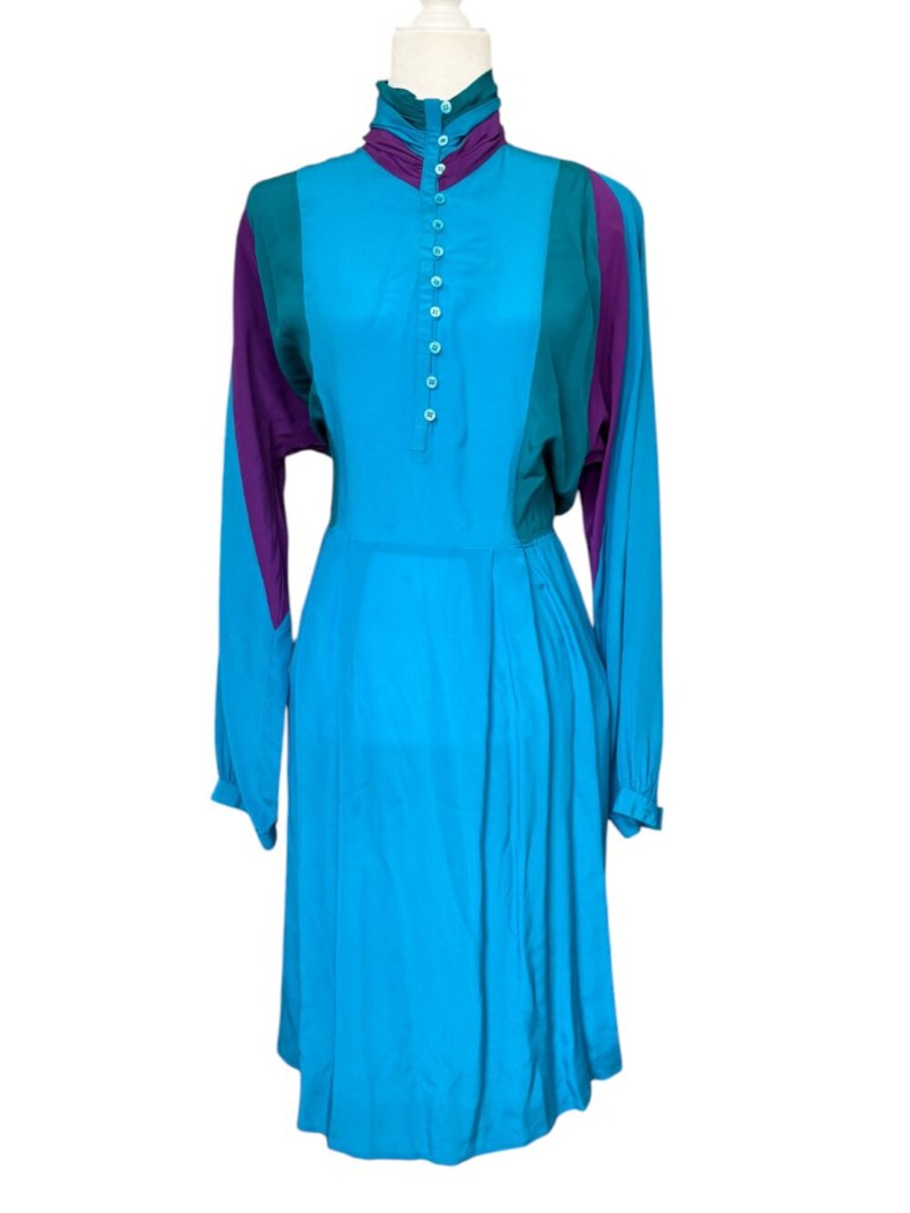 Vintage 80s Pat Argenti 100% Silk Colorblock Midi Dress Size 12 Teal Purple